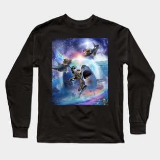 Rainbow Galaxy Cat Riding Shark In Space Long Sleeve T-Shirt